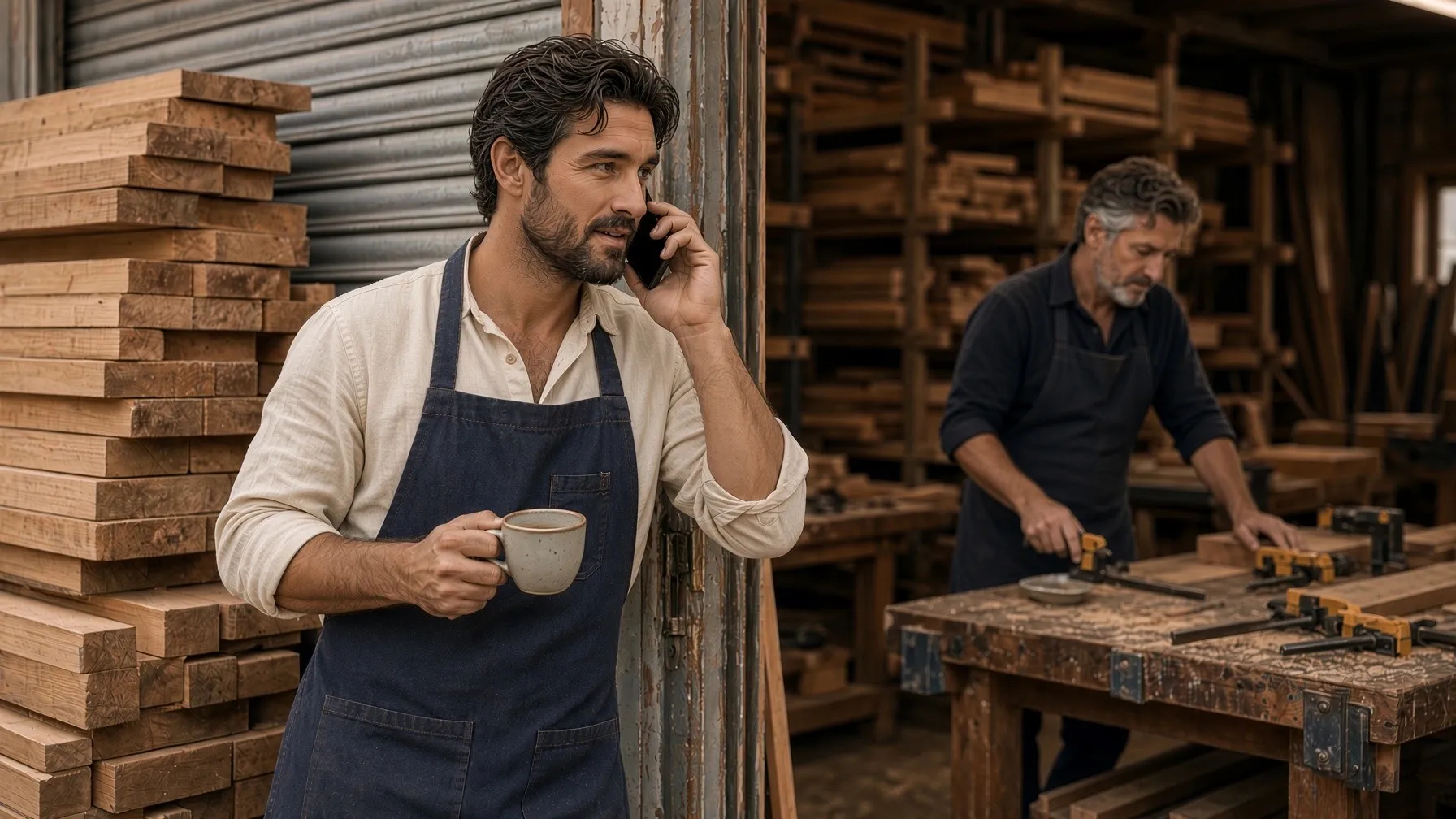 The new hire leans in the shop doorway with a coffee, taking his check-in call, while the owner works at a bench behind him.